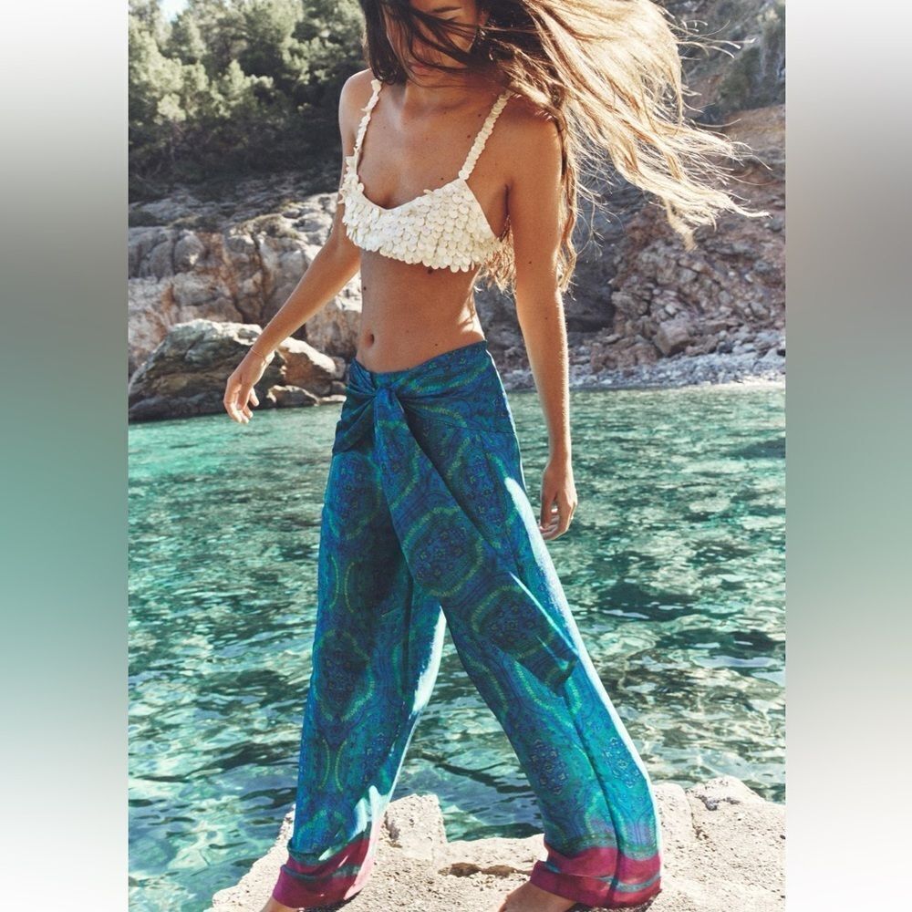 Zara printed satin effect wrap front pants NWT